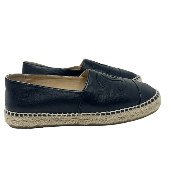 Chanel Black Espadrilles Leather Round Toe Slip On Shoes - Picture 1 of 11
